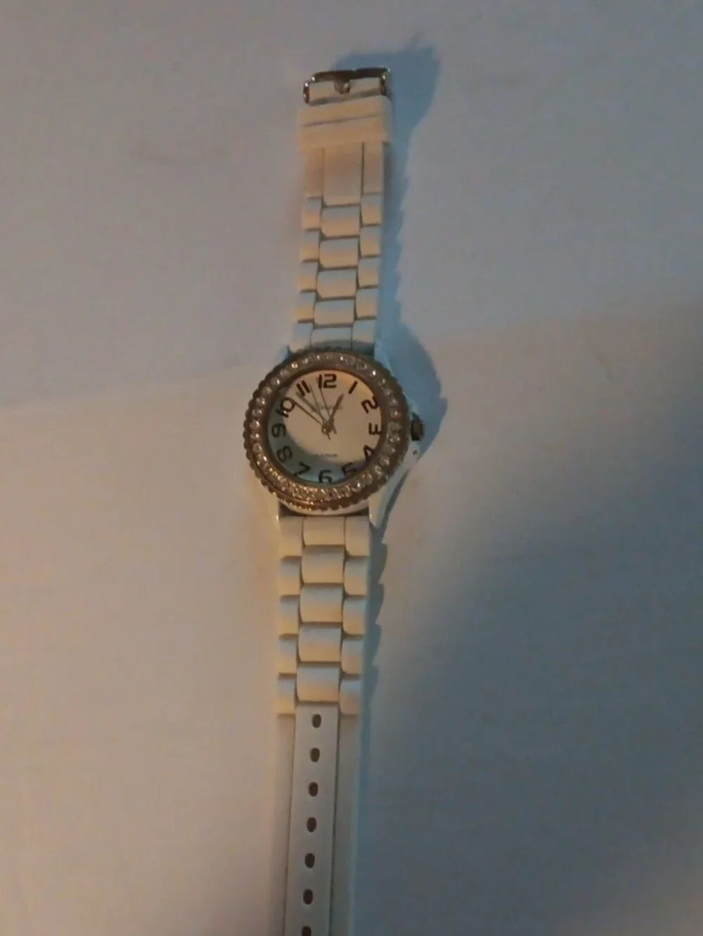 Geneva White Strap Watch with Gold Crystal Bezel
